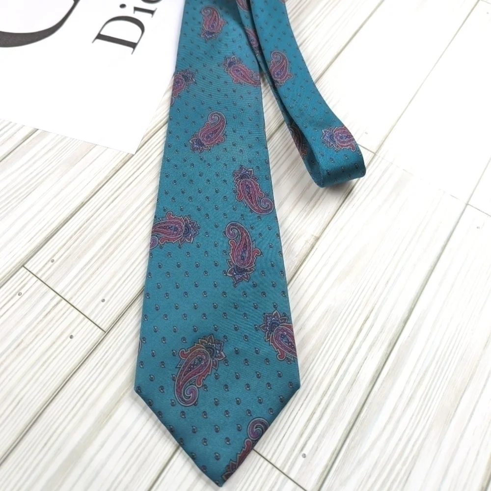 Christian Dior Italian Woven Paisley Vintage Silk Necktie in a Tidal Blue